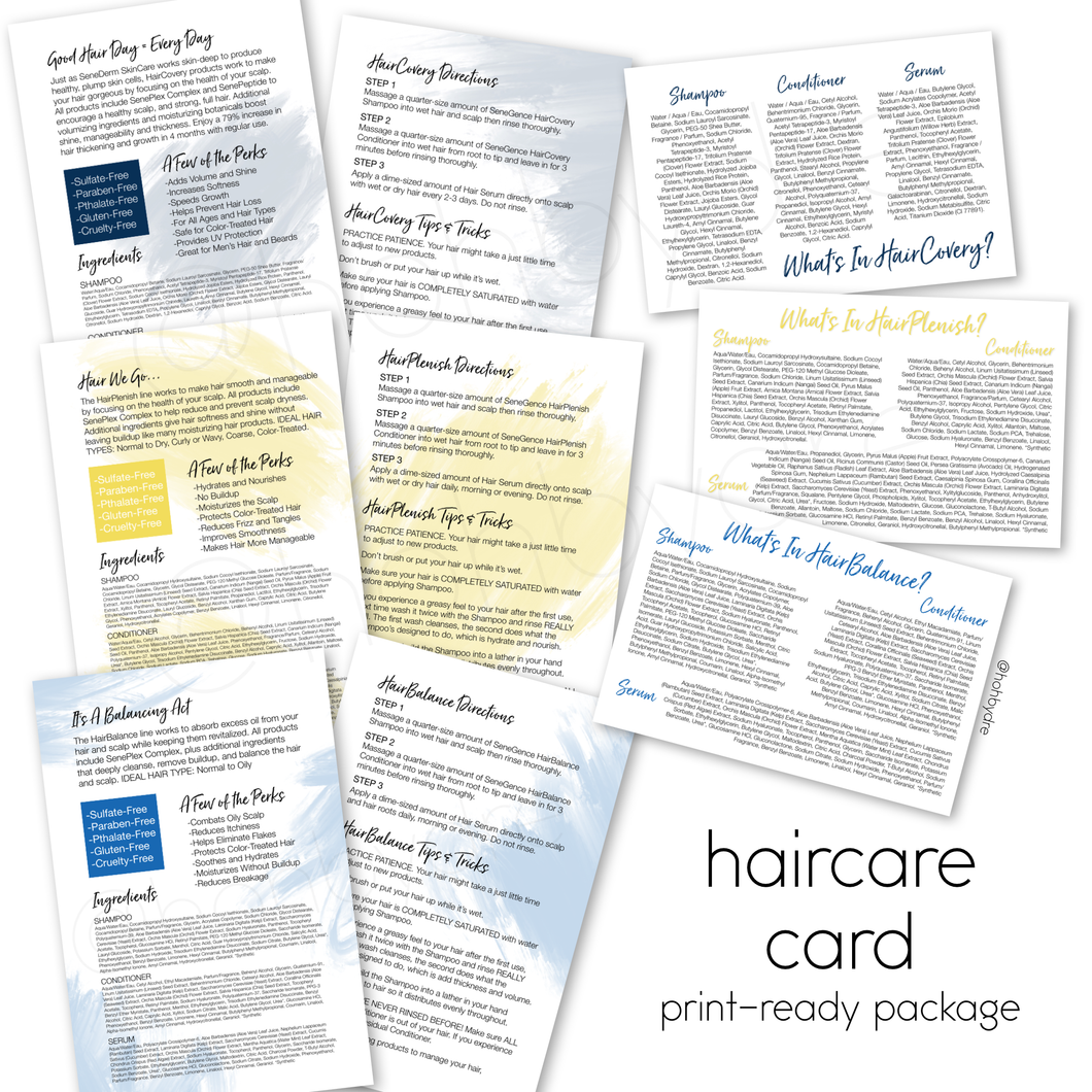 Hair Care Directions, Tips/Tricks & Ingredients Print-Ready Package